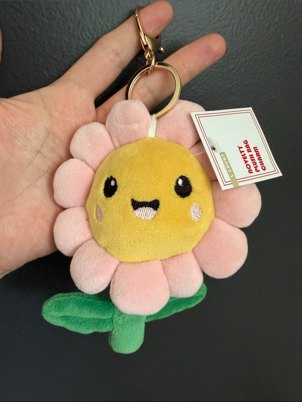 Pink Plush Flower Keychain - Yellow Face